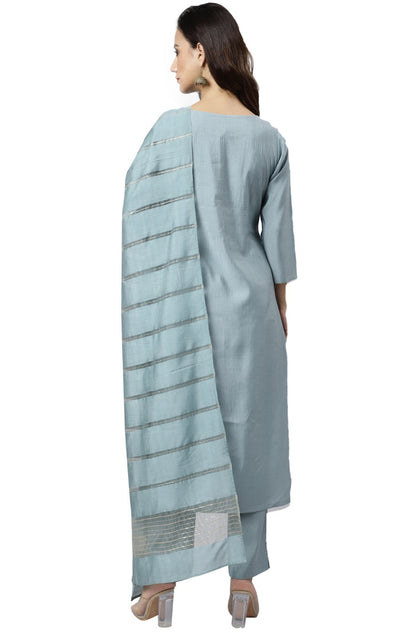 Greenish Blue Silk Blend Kurti Palazzo With Dupatta