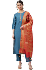 Load image into Gallery viewer, Blue Kurta Palazzo Set With  Orange Brocade Dupatta
