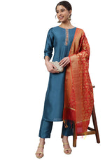 Load image into Gallery viewer, Blue Kurta Palazzo Set With  Orange Brocade Dupatta
