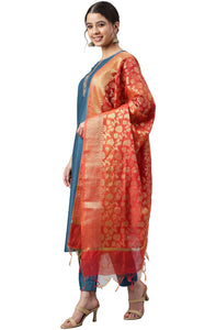 Blue Kurta Palazzo Set With  Orange Brocade Dupatta