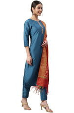 Load image into Gallery viewer, Blue Kurta Palazzo Set With  Orange Brocade Dupatta
