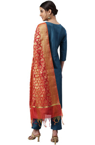 Blue Kurta Palazzo Set With  Orange Brocade Dupatta