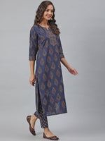 Load image into Gallery viewer, Navy Blue &amp; Maroon Block Printed  Soft Cotton Kurti With Pants
