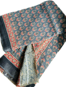 Grey Red Hand Block Printed Linen Saree