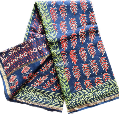 Blue Red Hand Block Printed Pure Chanderi Silk Saree