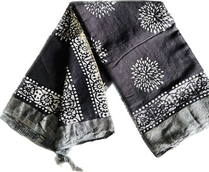Black Hand Block Printed Linen Cotton Saree