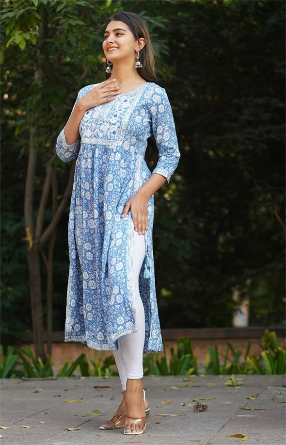 Blue Naira Cut Cotton Kurti Top With Yoke Embroidery work