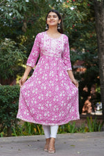 Load image into Gallery viewer, Pink Naira Cut Cotton Kurti Top With Yoke Embroidery work
