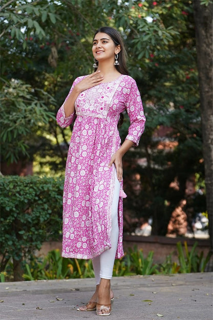 Pink Naira Cut Cotton Kurti Top With Yoke Embroidery work