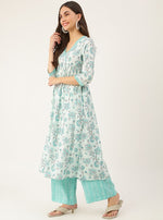 Load image into Gallery viewer, Turquoise Blue Printed Chanderi Silk Aliya Cut Kurta with Pants &amp; Dupatta set
