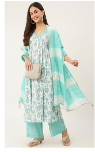 Turquoise Blue Printed Chanderi Silk Aliya Cut Kurta with Pants & Dupatta set