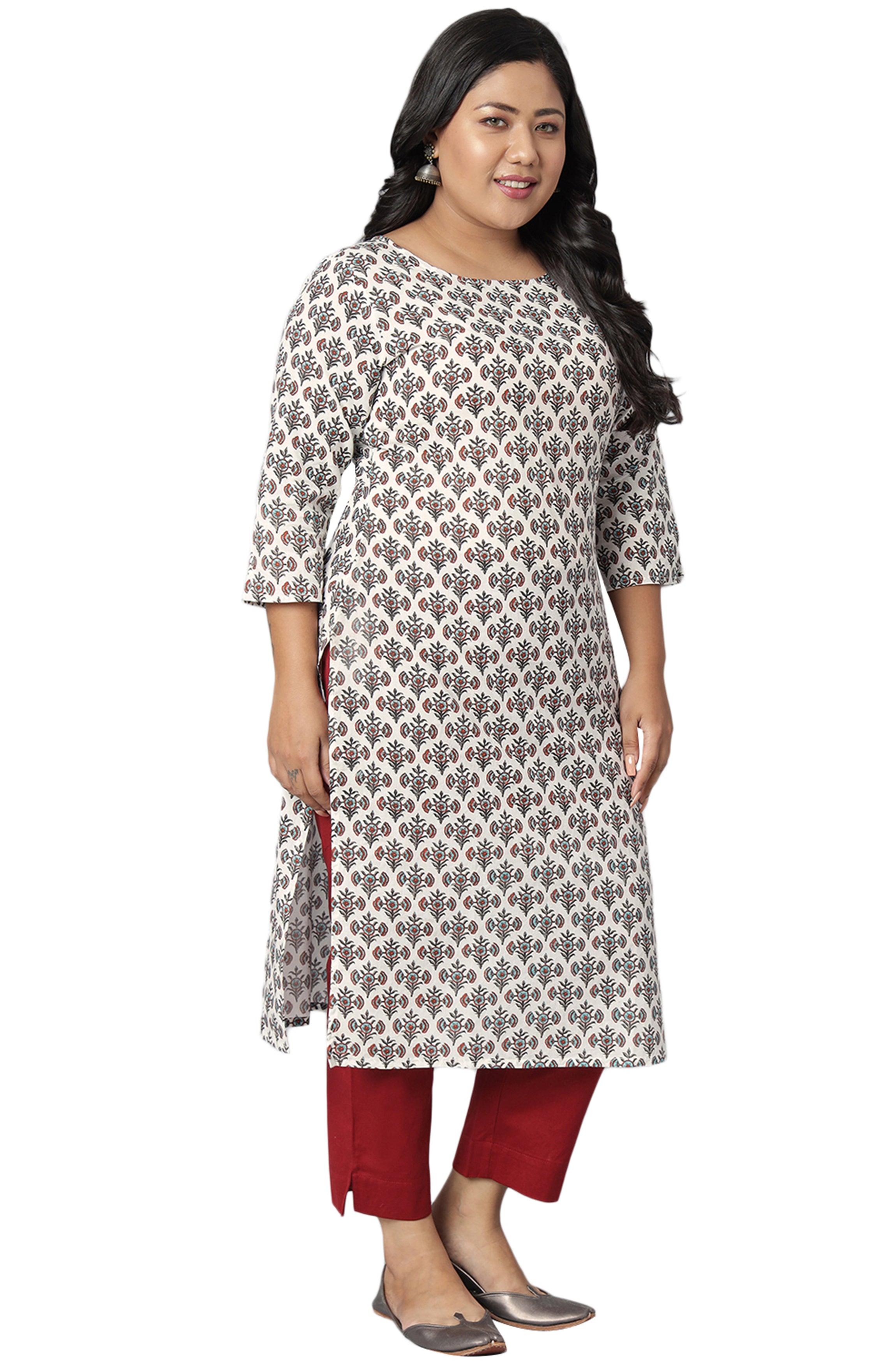 White  Block Printed Cotton Kurti Top