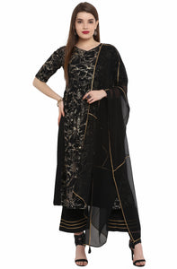 Black Crepe Foil Printed Kurti Set With Dupatta