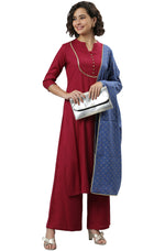 Load image into Gallery viewer, Magenta Rayon Kurti Palazzo Set with Blue Printed Dupatta
