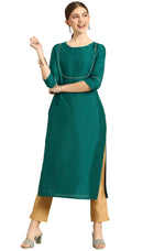 Load image into Gallery viewer, Deep Green Poly silk Kurta with Yellow Pants
