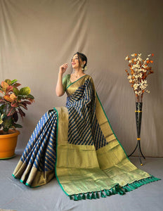 Peacock Blue & Green Banarasi Gold Zari Weaved Saree