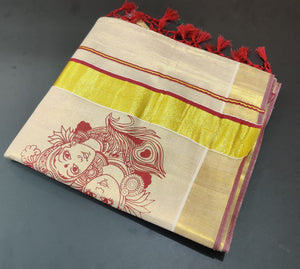 Golden Tissue Saree With Radha Krishna Print