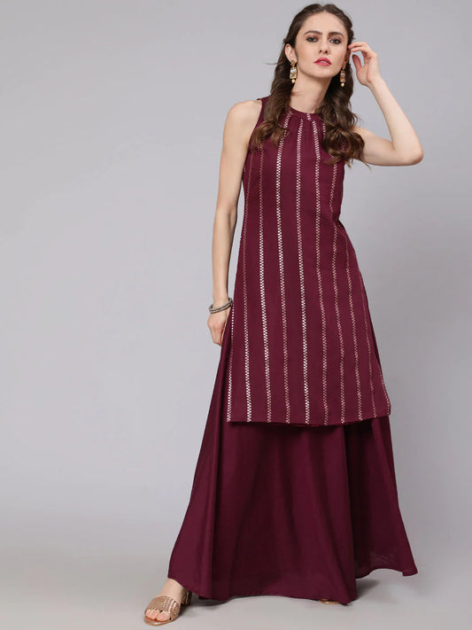 Chanderi Silk Burgundy Kurti With Skirt