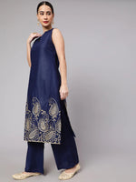 Load image into Gallery viewer, Navy Blue Cotton Kurta Pants Set With Gotta work
