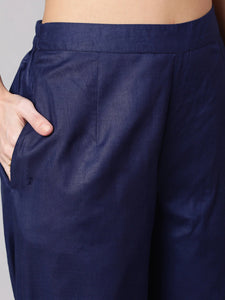 Navy Blue Cotton Kurta Pants Set With Gotta work