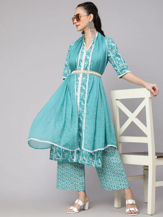 Turquoise Green Cotton Kurta Palazzo Set With Dupatta
