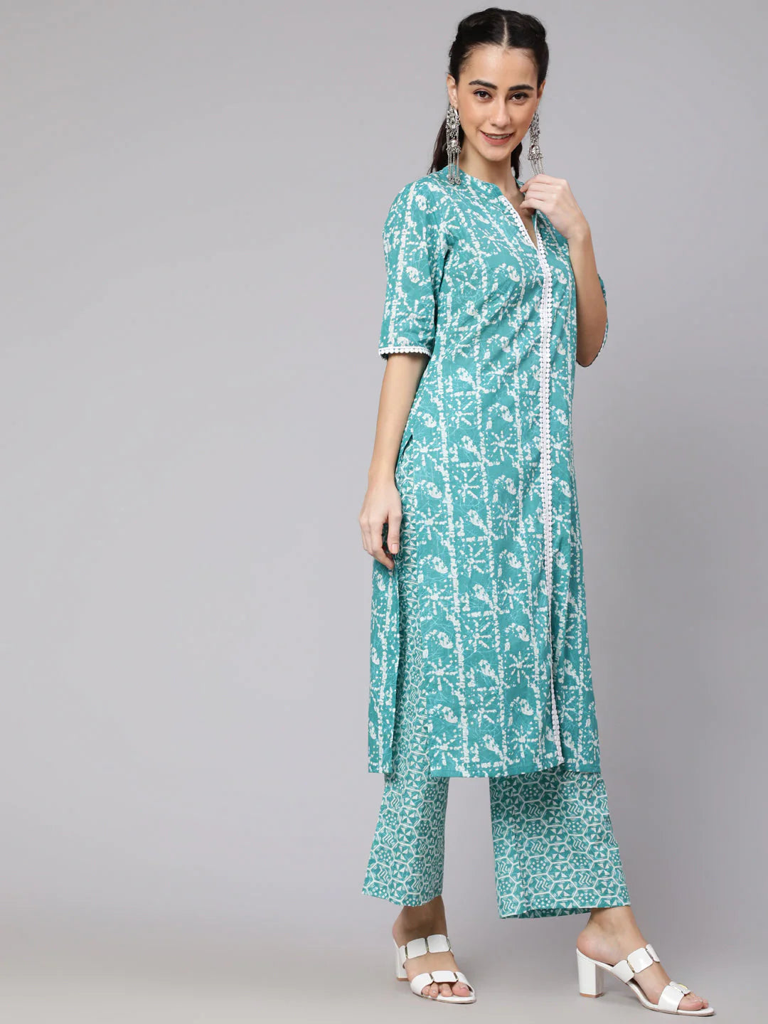 Turquoise Green Cotton Kurta Palazzo Set With Dupatta