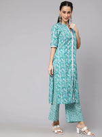 Load image into Gallery viewer, Turquoise Green Cotton Kurta Palazzo Set With Dupatta
