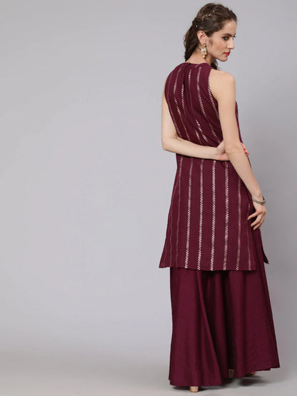 Chanderi Silk Burgundy Kurti With Skirt