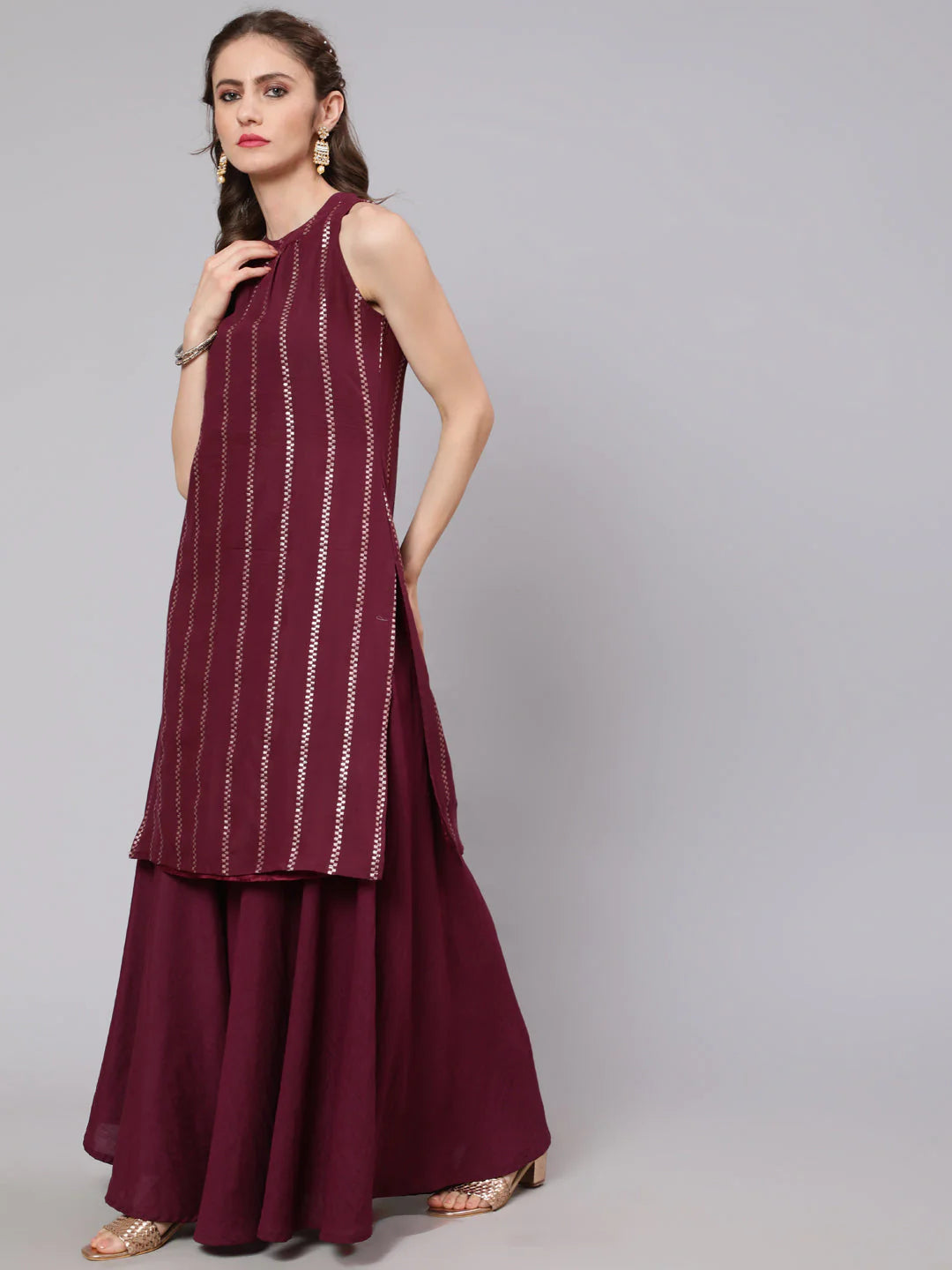 Chanderi Silk Burgundy Kurti With Skirt