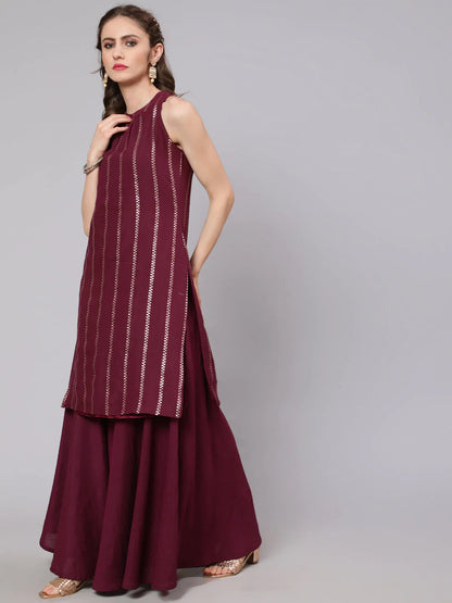 Chanderi Silk Burgundy Kurti With Skirt