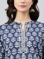 Load image into Gallery viewer, Navy Blue &amp; White Block Printed  Soft Cotton Kurti With Pants
