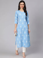 Load image into Gallery viewer, Blue &amp; White Block Printed Cotton Kurti With Pants
