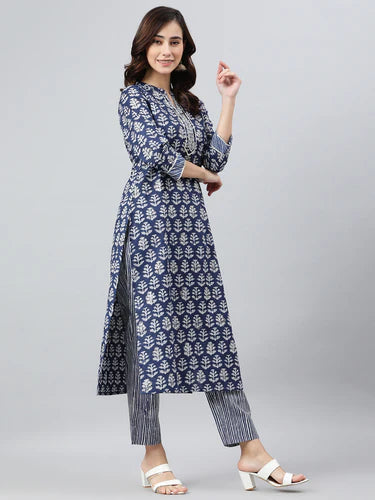 Navy Blue Pure Cotton Jaipuri Printed Kurti – Rajnandini Fashion