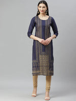 Load image into Gallery viewer, Navy Blue Gold Foil Printed Cotton Kurta
