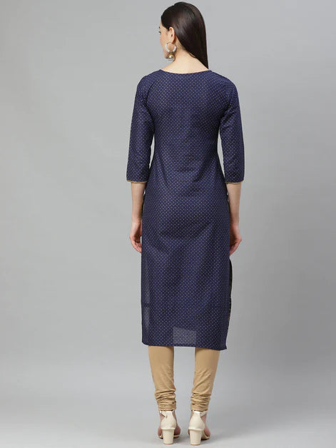 Navy Blue Gold Foil Printed Cotton Kurta (Top only)