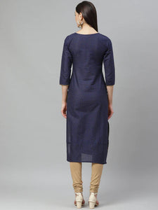 Navy Blue Gold Foil Printed Cotton Kurta