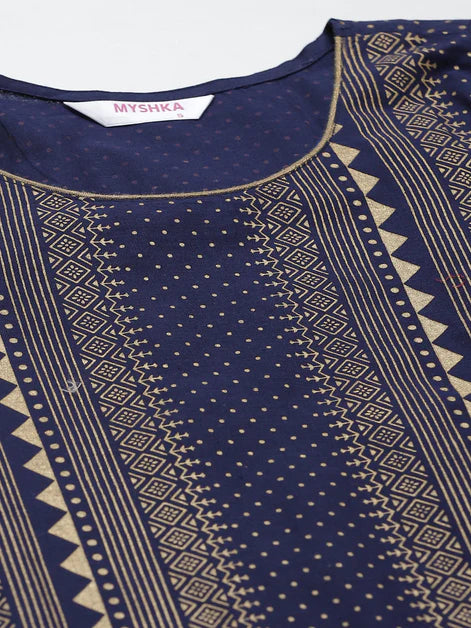Navy Blue Gold Foil Printed Cotton Kurta (Top only)