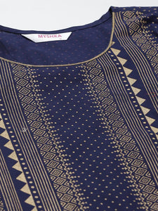 Navy Blue Gold Foil Printed Cotton Kurta