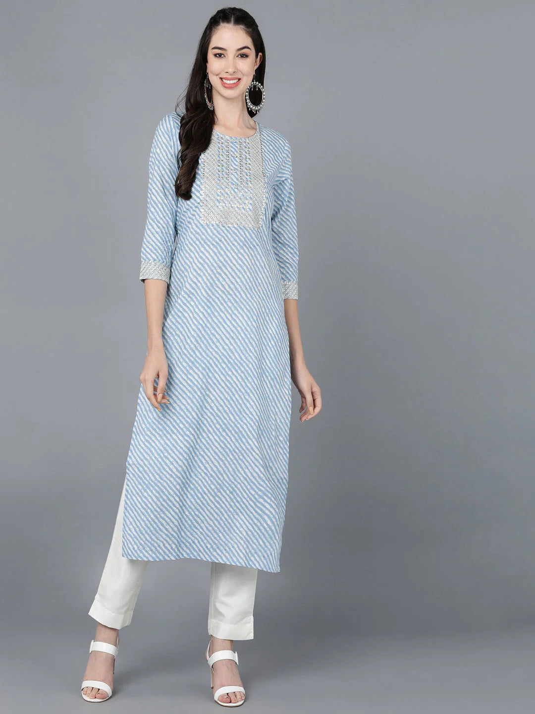 Light Blue Lehariya cotton Kurti with Zari Embroidery work (Top Only)
