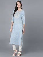 Load image into Gallery viewer, Light Blue Lehariya cotton Kurti with Zari Embroidery work (Top Only)
