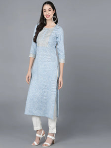 Light Blue Lehariya cotton Kurti with Zari Embroidery work (Top Only)