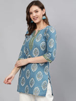 Load image into Gallery viewer, Blue Gold Printed cotton short kurti Top
