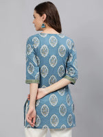 Load image into Gallery viewer, Blue Gold Printed cotton short kurti Top
