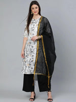 Load image into Gallery viewer, White Printed Cotton Kurta with  with Black Palazzo &amp; Dupatta
