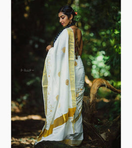 Kerala Cotton Saree with Zari  Border & Floral Embroidery work