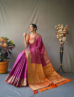 Load image into Gallery viewer, Magenta &amp; Orange Banarasi Gold Zari Weaved Saree
