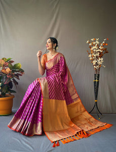 Magenta & Orange Banarasi Gold Zari Weaved Saree