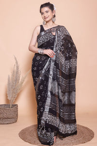 Black White Printed Linen Saree