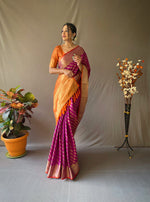 Load image into Gallery viewer, Magenta &amp; Orange Banarasi Gold Zari Weaved Saree
