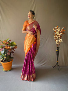 Magenta & Orange Banarasi Gold Zari Weaved Saree